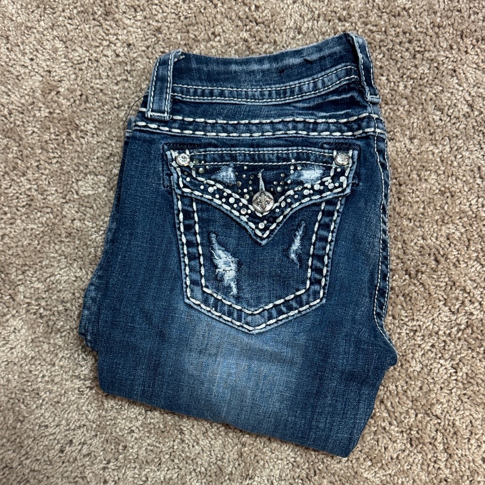 Miss Me Dark Blue Boot Cut Jeans with Embellished Pockets